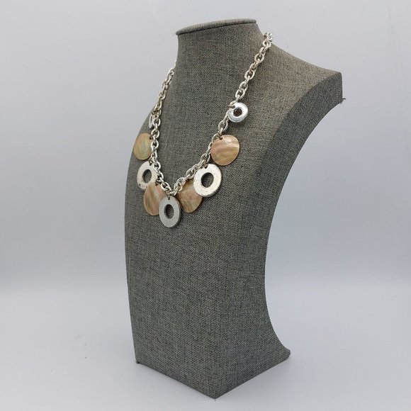 Vintage Necklace Chunky Bib Mother of Pearl and Metal Circle Charms Boho Rope Ch - Picture 2 of 9